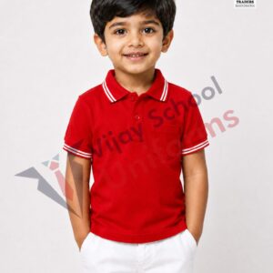 Red Polo School Uniform T-Shirt with White Stripe Collar